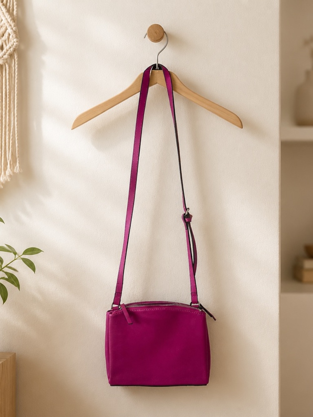 Nine West Hot Pink Magenta Crossbody Bag 3 Compartments Matte Finish